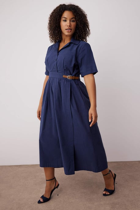 Trendyol Curve Dam Mörkblå Enfärgad Midi Kort Casual Rak Plus size Klänning - Image 6