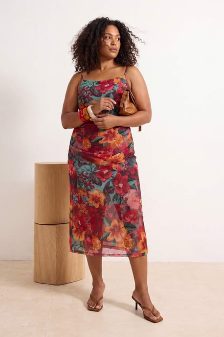 Trendyol Curve Dam Flerfärgad Blommig Midi Ärmlös Rak Plus size Klänning - Image 2