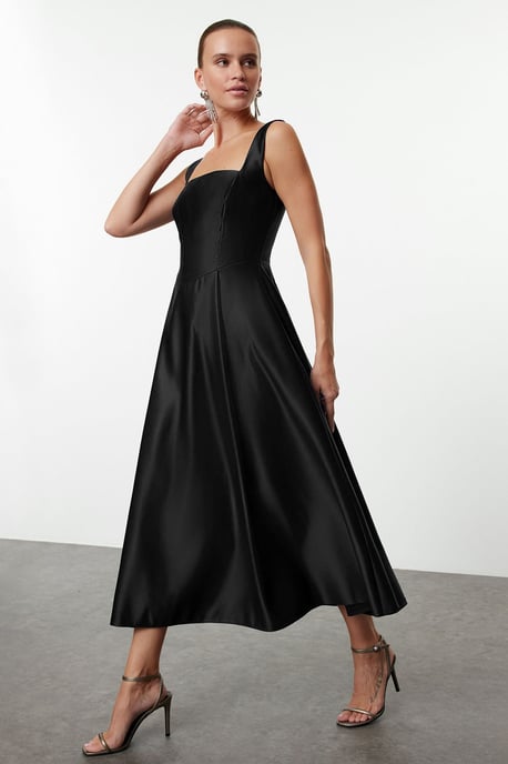 TRENDYOLMİLLA Women's Black Plain Midi Sleeveless Stylish/Night Skater Dresses - Image 5