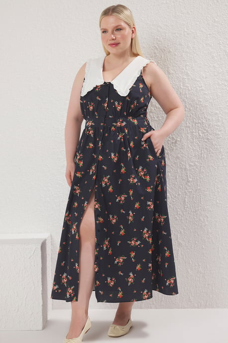 Trendyol Curve Dam Flerfärgad Blommig Midi Ärmlös Casual A-linje Plus size Klänning - Image 1