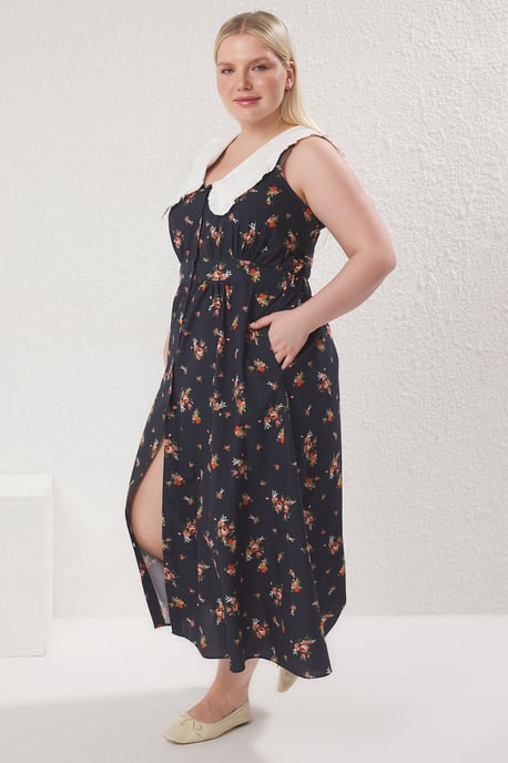 Trendyol Curve Dam Flerfärgad Blommig Midi Ärmlös Casual A-linje Plus size Klänning - Image 6