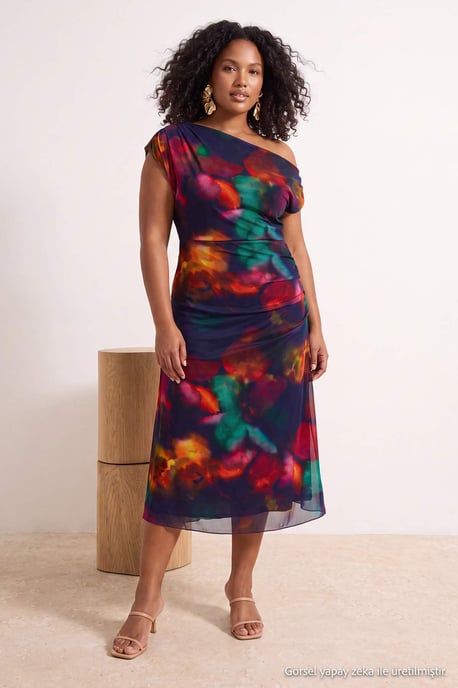 Trendyol Curve Dam Flerfärgad Blommig Midi Ärmlös Casual A-linje Plus size Klänning - Image 2