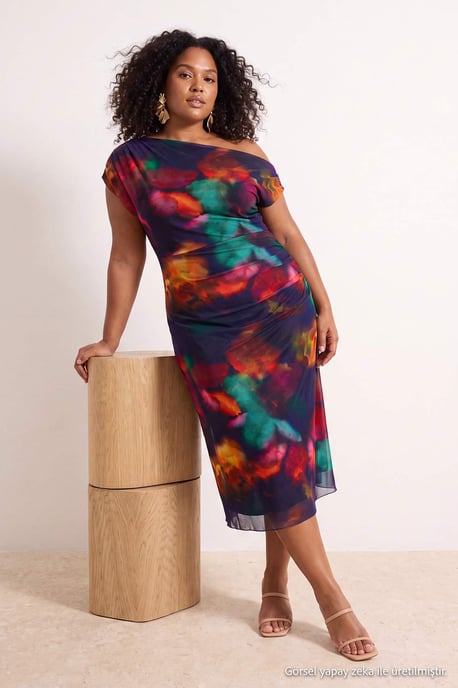 Trendyol Curve Dam Flerfärgad Blommig Midi Ärmlös Casual A-linje Plus size Klänning - Image 6