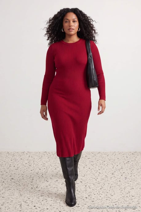 Trendyol Curve Dam Röd Enfärgad Midi Lång Casual A-linje Plus size Klänning - Image 1