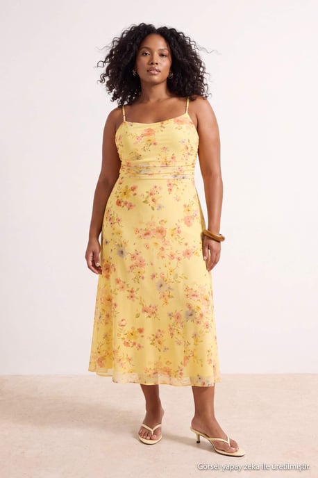Trendyol Curve Dam Flerfärgad Blommig Midi Ärmlös Bodycon Plus size Klänning - Image 6