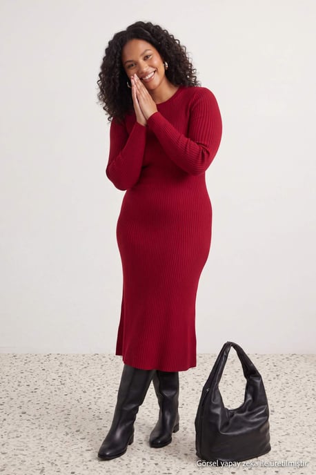 Trendyol Curve Dam Röd Enfärgad Midi Lång Casual A-linje Plus size Klänning - Image 2