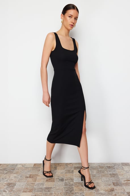 TRENDYOLMİLLA Women's Black Plain Midi Sleeveless Evening / Daily Bodycon Dresses - Image 3