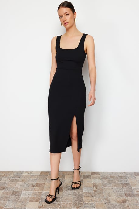TRENDYOLMİLLA Women's Black Plain Midi Sleeveless Evening / Daily Bodycon Dresses - Image 4