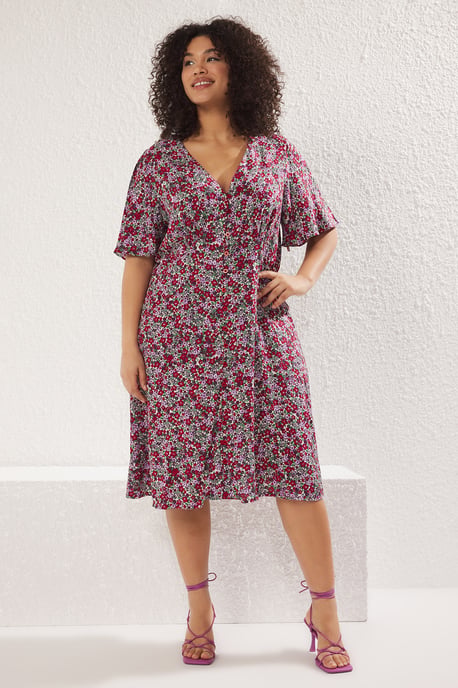 Trendyol Curve Dam Flerfärgad Blommig Midi Kort Casual Skjortklänning Plus size Klänning - Image 6