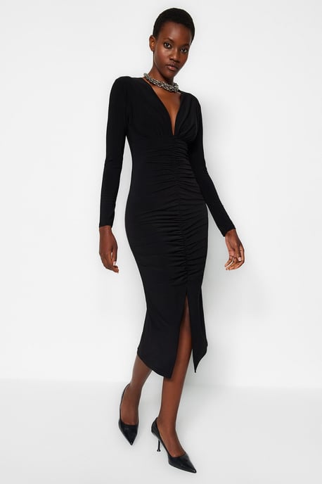 TRENDYOLMİLLA Women's Black Plain Midi Long Evening / Daily Bodycon Dresses - Image 2