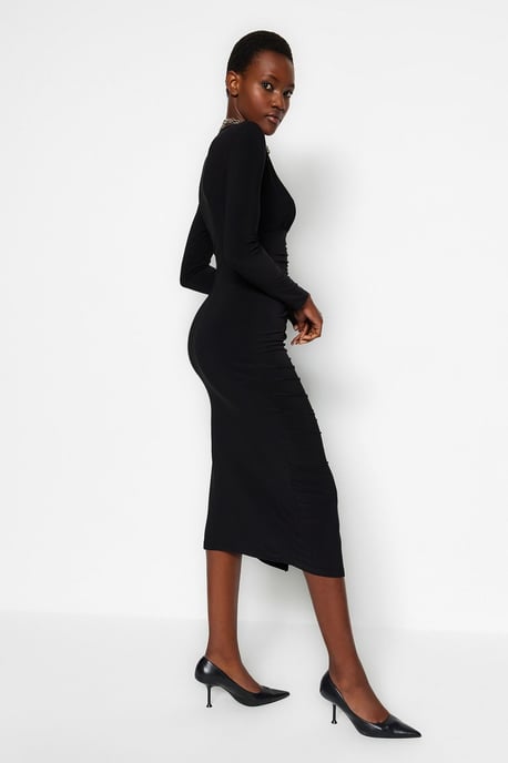 TRENDYOLMİLLA Women's Black Plain Midi Long Evening / Daily Bodycon Dresses - Image 3