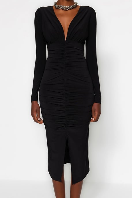 TRENDYOLMİLLA Women's Black Plain Midi Long Evening / Daily Bodycon Dresses - Image 5