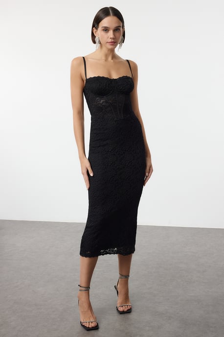 TRENDYOLMİLLA Dam Svart Enfärgad Midi Ärmlös Elegant/Kväll Bodycon Klänningar - Image 6