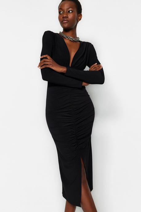 TRENDYOLMİLLA Women's Black Plain Midi Long Evening / Daily Bodycon Dresses - Image 6