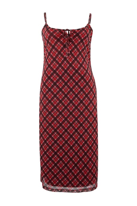 Trendyol Curve Dam Röd Rutig Midi Ärmlös Casual A-linje Plus size Klänning - Image 3