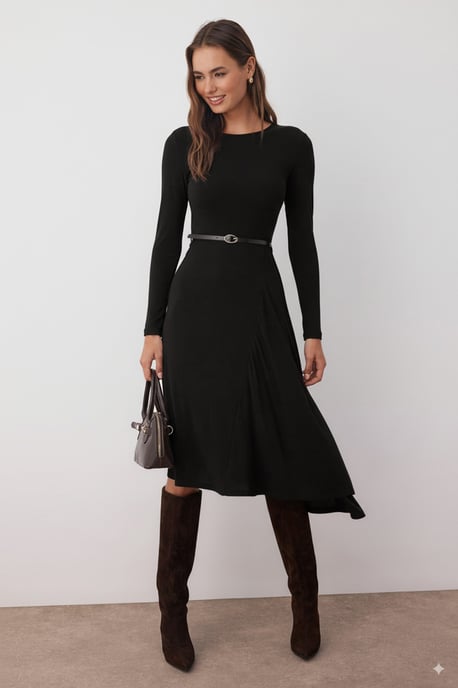 TRENDYOLMİLLA Women's Black Plain Midi Long Evening / Daily A-line Dresses - Image 1