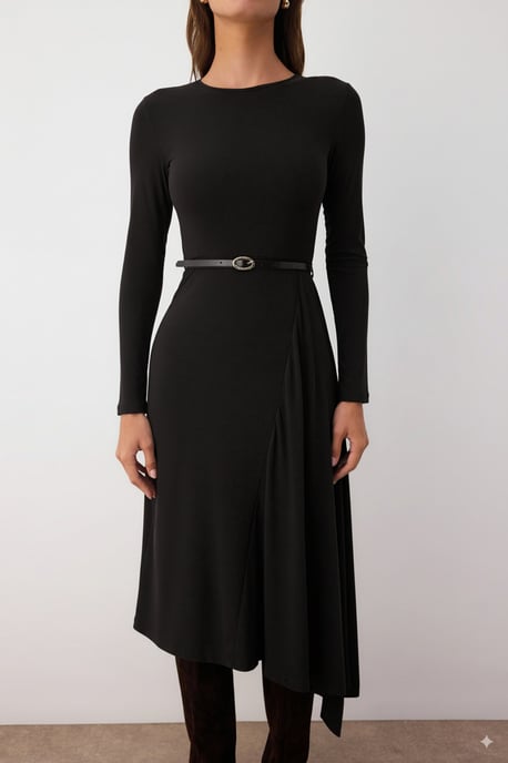 TRENDYOLMİLLA Women's Black Plain Midi Long Evening / Daily A-line Dresses - Image 2