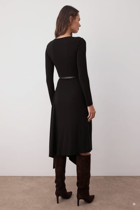 TRENDYOLMİLLA Women's Black Plain Midi Long Evening / Daily A-line Dresses - Image 3