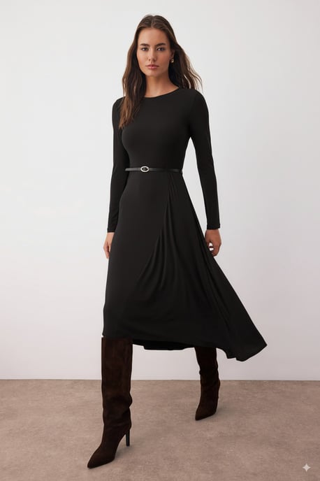TRENDYOLMİLLA Women's Black Plain Midi Long Evening / Daily A-line Dresses - Image 4