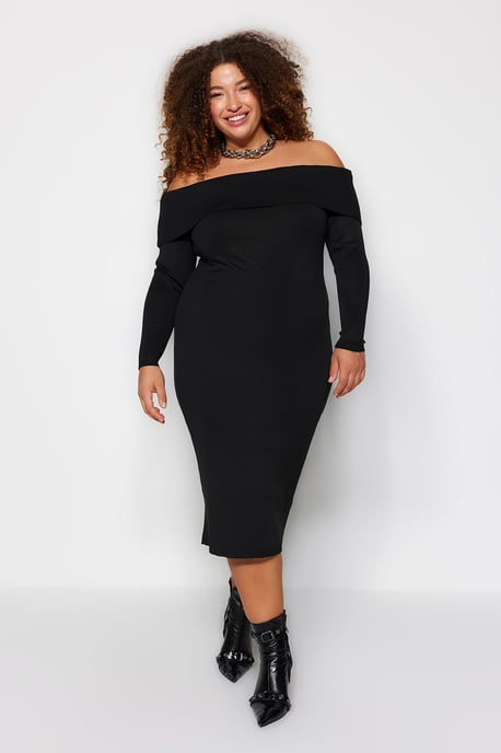 Trendyol Curve Dam Svart Enfärgad Midi Lång Kväll / Vardag Bodycon Plus size Klänning - Image 6