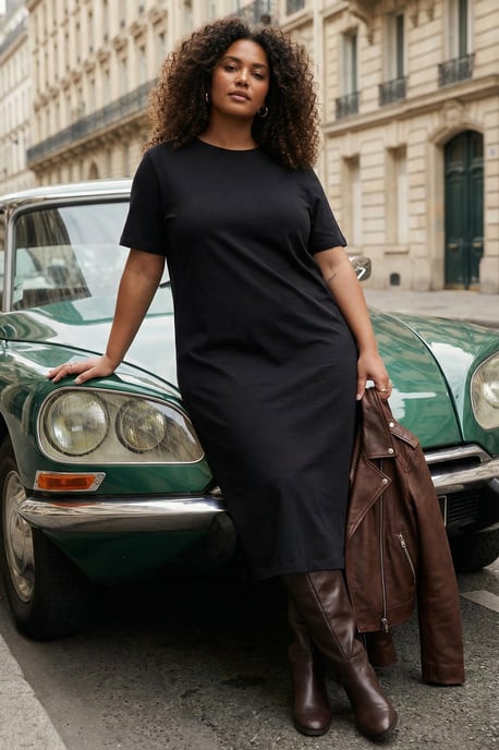 Trendyol Curve Dam Svart Enfärgad Midi Kort Casual Rak Plus size Klänning - Image 1
