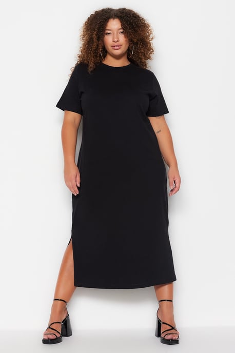 Trendyol Curve Dam Svart Enfärgad Midi Kort Casual Rak Plus size Klänning - Image 2