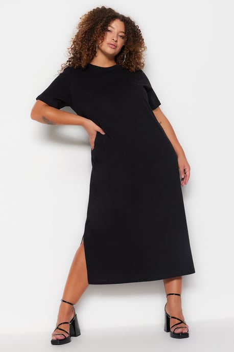 Trendyol Curve Dam Svart Enfärgad Midi Kort Casual Rak Plus size Klänning - Image 3