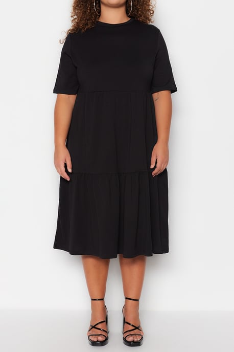 Trendyol Curve Dam Svart Enfärgad Midi Kort Casual A-linje Plus size Klänning - Image 2