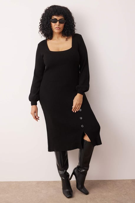 Trendyol Curve Dam Svart Enfärgad Midi Lång Casual Bodycon Plus size Klänning - Image 1