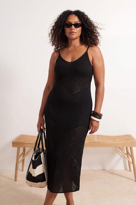 Trendyol Curve Dam Svart Hålmönster Midi Ärmlös Strandkläder A-linje Plus size Klänning - Image 6