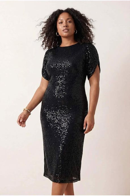 Trendyol Curve Dam Svart Enfärgad Midi Kort Elegant/Kväll Bodycon Plus size Klänning - Image 6