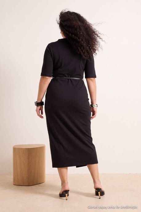 Trendyol Curve Dam Svart Enfärgad Midi Kort A-linje Plus size Klänning - Image 2
