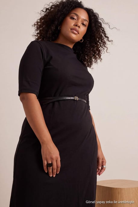 Trendyol Curve Dam Svart Enfärgad Midi Kort A-linje Plus size Klänning - Image 6