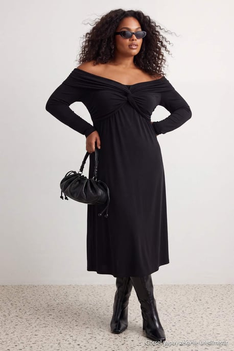 Trendyol Curve Dam Svart Enfärgad Midi Lång A-linje Plus size Klänning - Image 1