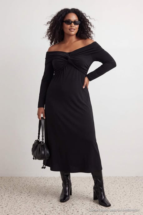 Trendyol Curve Dam Svart Enfärgad Midi Lång A-linje Plus size Klänning - Image 3