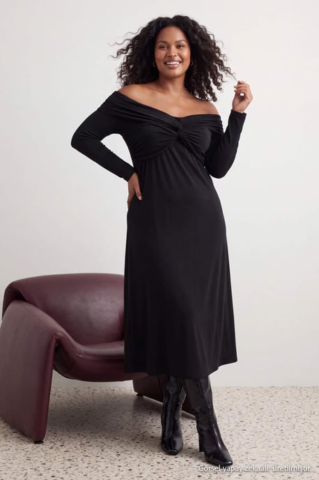 Trendyol Curve Dam Svart Enfärgad Midi Lång A-linje Plus size Klänning - Image 6
