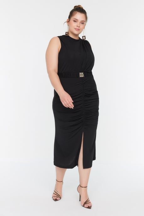 Trendyol Curve Dam Svart Enfärgad Midi Ärmlös Elegant/Kväll Bodycon Plus size Klänning - Image 3