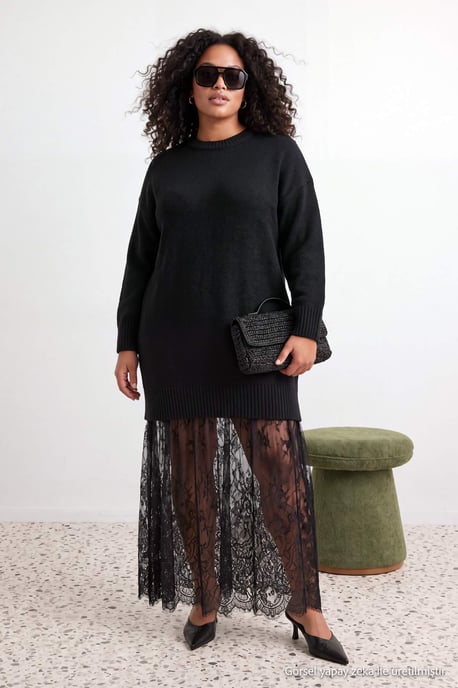 Trendyol Curve Dam Svart Enfärgad Midi Trekvartsärm A-linje Plus size Klänning - Image 1