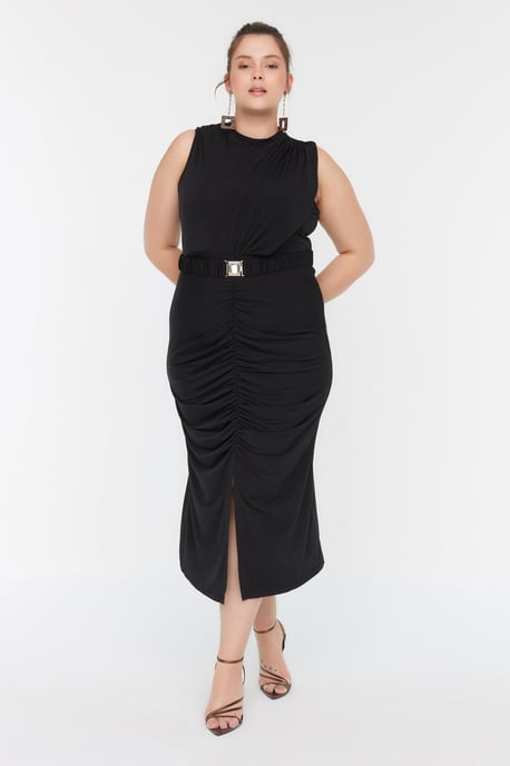 Trendyol Curve Dam Svart Enfärgad Midi Ärmlös Elegant/Kväll Bodycon Plus size Klänning - Image 6