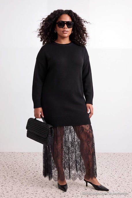 Trendyol Curve Dam Svart Enfärgad Midi Trekvartsärm A-linje Plus size Klänning - Image 6