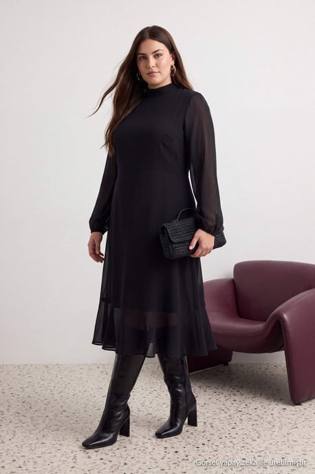 Trendyol Curve Dam Svart Enfärgad Midi Lång A-linje Plus size Klänning - Image 1