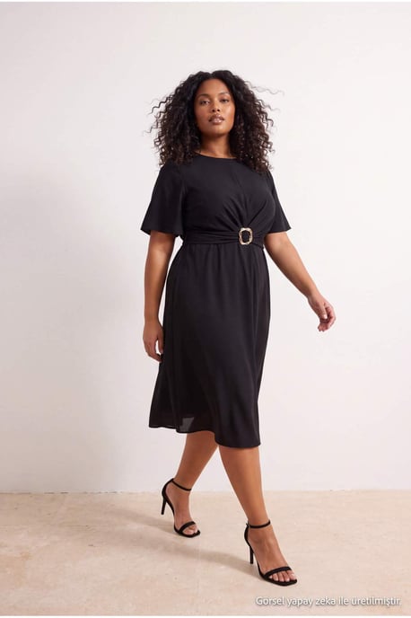 Trendyol Curve Dam Svart Enfärgad Midi Kort Kväll / Vardag A-linje Plus size Klänning - Image 1