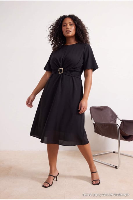 Trendyol Curve Dam Svart Enfärgad Midi Kort Kväll / Vardag A-linje Plus size Klänning - Image 6
