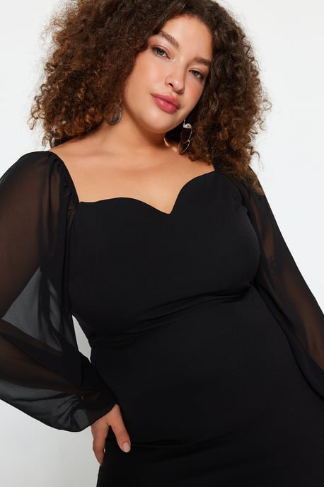 Trendyol Curve Dam Svart Enfärgad Midi Lång Elegant/Kväll Bodycon Plus size Klänning - Image 2