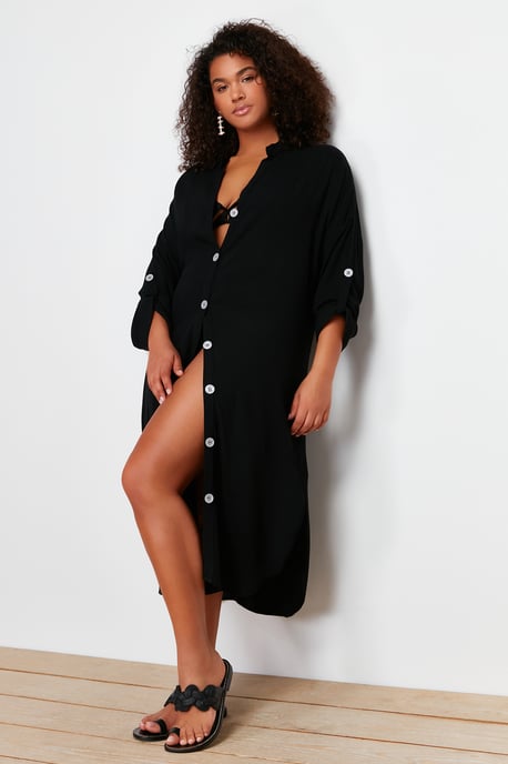 Trendyol Curve Dam Svart Enfärgad Midi Lång Strandkläder Skjortklänning Plus size Klänning - Image 2