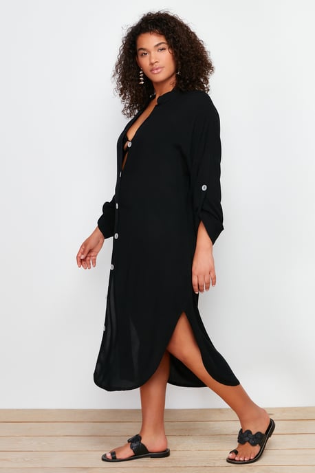 Trendyol Curve Dam Svart Enfärgad Midi Lång Strandkläder Skjortklänning Plus size Klänning - Image 6