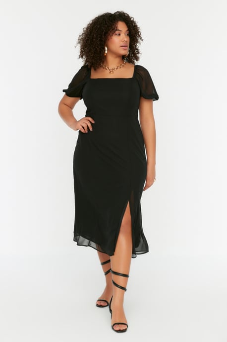 Trendyol Curve Dam Svart Enfärgad Midi Kort Casual A-linje Plus size Klänning - Image 1