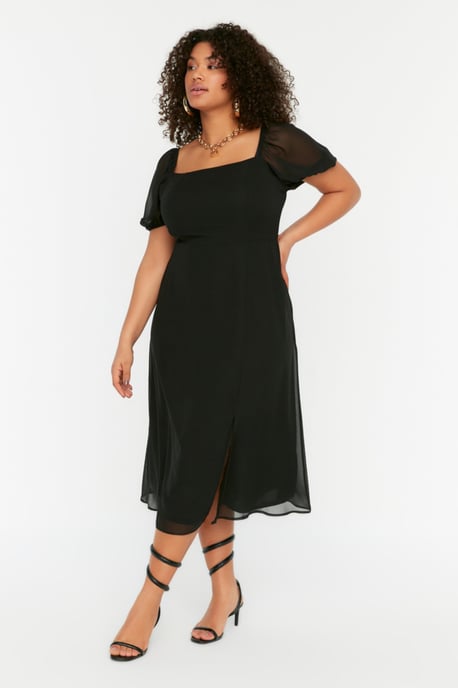 Trendyol Curve Dam Svart Enfärgad Midi Kort Casual A-linje Plus size Klänning - Image 2