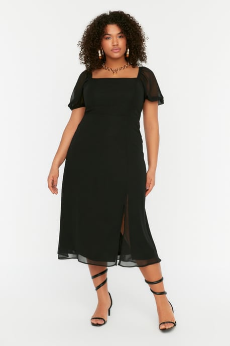 Trendyol Curve Dam Svart Enfärgad Midi Kort Casual A-linje Plus size Klänning - Image 6