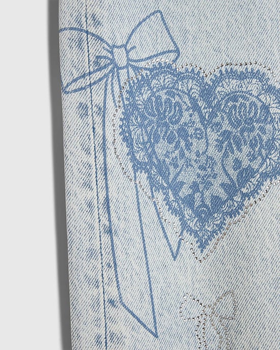 River Island Girls Wide Leg Jeans Blue Bow Etched Denim - Image 2